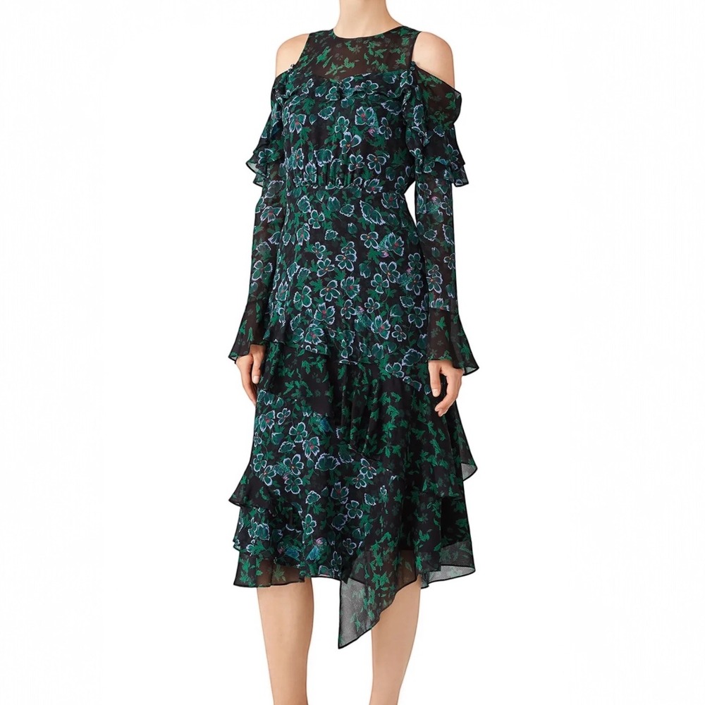 Tanya Taylor Athena Silk Floral Dress Size 6 Green Ruffle Tier Cold Shoulder